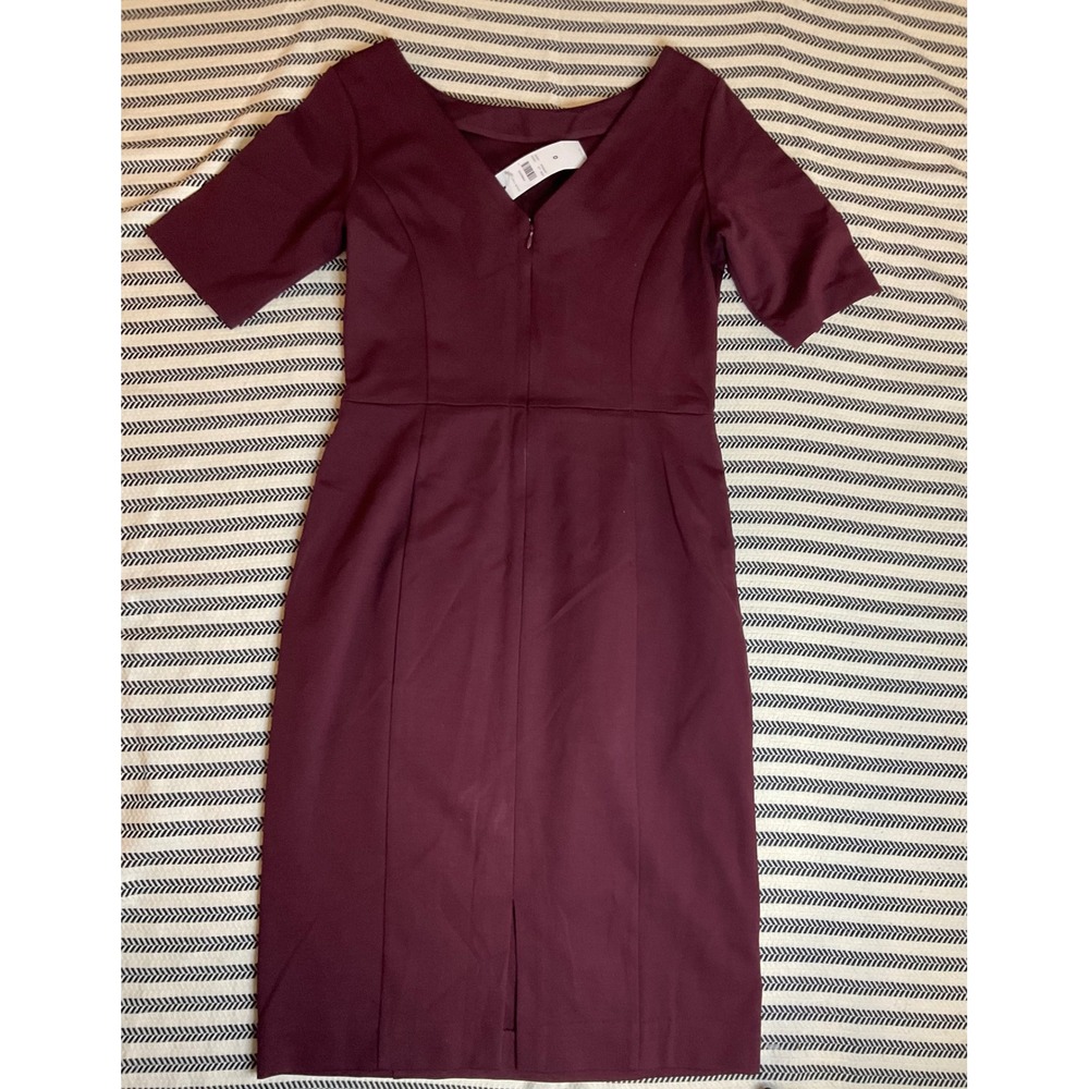 Ann Taylor Sheath Dress Burgundy V-Neck Short Sleeve Knee Length Size 0 NWT - Picture 2 of 7